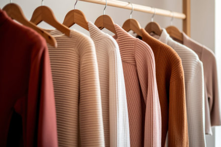 Knit jackets hanging on the rack in a clothing storeの素材