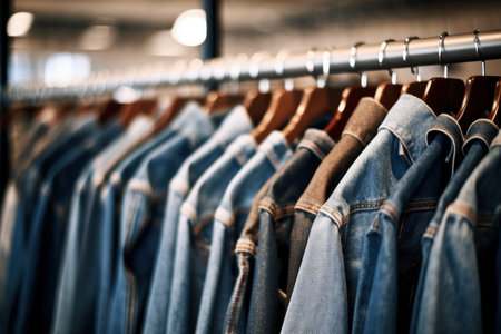 Denim jackets hanging on the rack in a clothing storeの素材