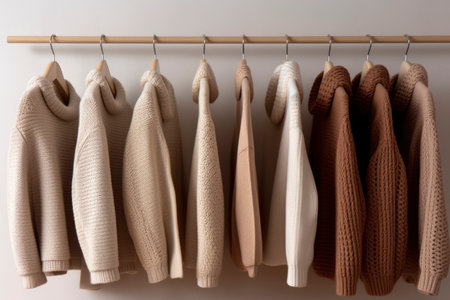 Knit jackets hanging on the rack in a clothing storeの素材