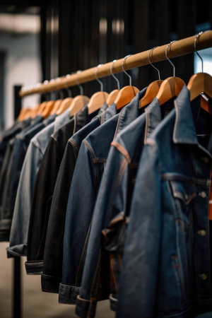 Denim jackets hanging on the rack in a clothing storeの素材