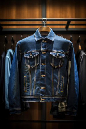 Denim jackets hanging on the rack in a clothing storeの素材