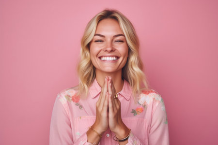 Portrait of a beautiful young blonde woman in a pink shirt on a pink background.の素材