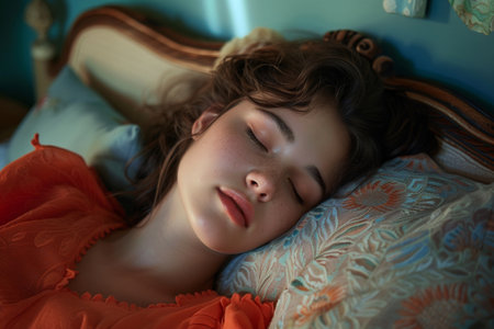 a young woman sleeping in bedの素材