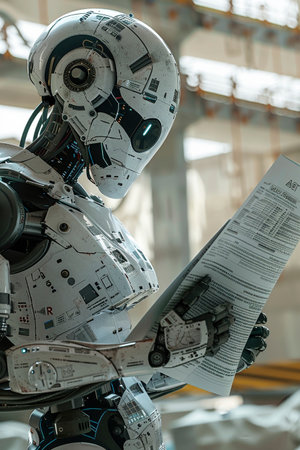 Futuristic robot working on construction siteの素材