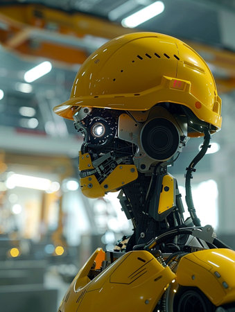 Futuristic robot working on construction siteの素材