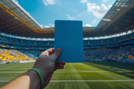 Referee hand holding up a blue cardの素材