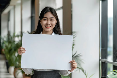 Smiling young woman holding a blank white placard, ready for custom message in a business environmentの素材