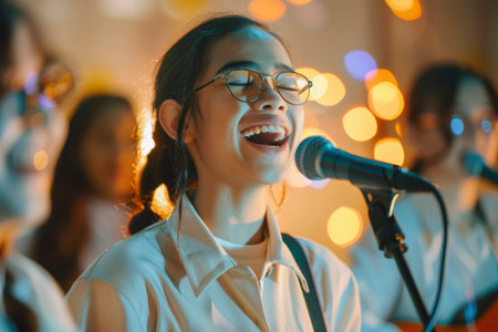 Young Asian girl singing joyfully into a microphone, wearing a school uniform during a performance.の素材