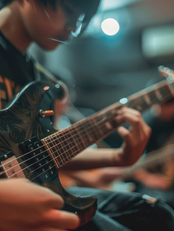 Young Guitarist Performing at a Local Eventの素材