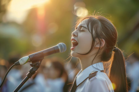 Young Asian girl singing joyfully into a microphone, wearing a school uniform during a performance.の素材