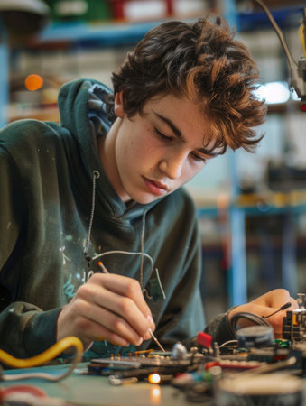 Teenager Engaged in a Robotics Workshopの素材