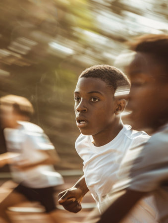 Dynamic shot of a teenage boy running fast on a track fieldの素材