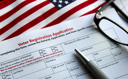 Voter registration form with flag of United States of America