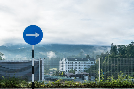 turn right sign mountain viewの写真素材