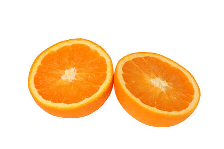Two half cut oranges on a white backgroundの写真素材