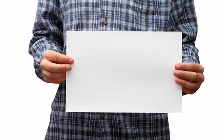 A4 letter in the hands of a man on a white backgroundの写真素材