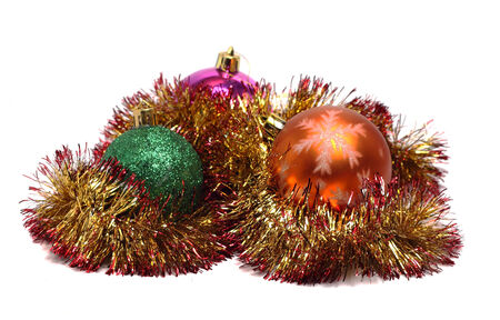 Three Christmas balls on a white backgroundの写真素材