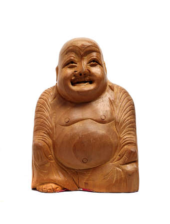 Wooden Buddha statue on a white backgroundの写真素材