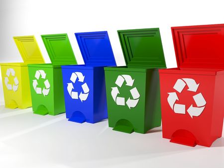 recycle bins in yellow,green,blue and redの写真素材