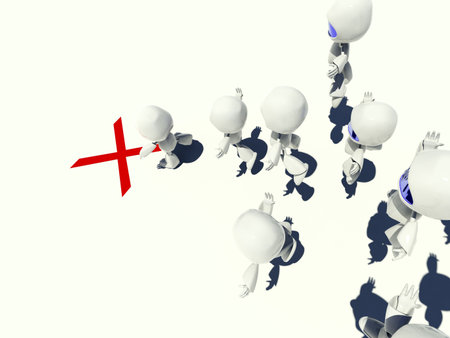 3D characters looking for a red Xの写真素材