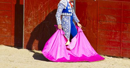 Torero and bull in bullfight. Madrid, Spain.の写真素材