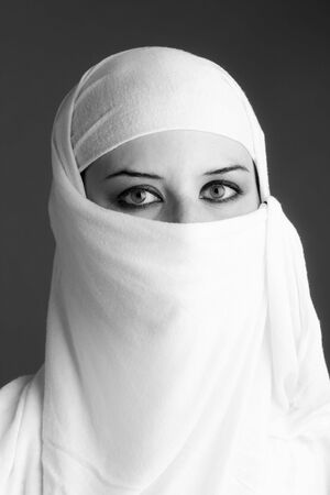 Arab woman wearing  a soft veil. Black and whiteの写真素材