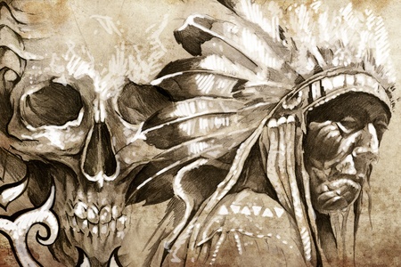 Tattoo sketch of American Indian tribal chief with skullの写真素材