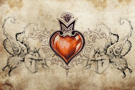Tattoo art design, heart with two nymphsの写真素材