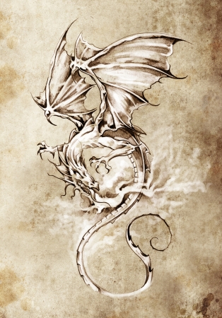 Sketch of tattoo art, classic dragon illustrationの写真素材