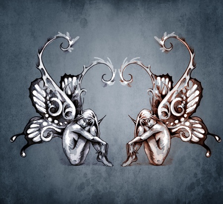 Duality concept tattoo, two  fairy on blue vintage backgroundの写真素材
