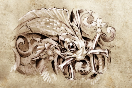 Tattoo art, sketch of a fish, pisces japanese styleの写真素材