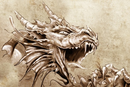 Tattoo art, sketch of a anger medieval dragonの写真素材