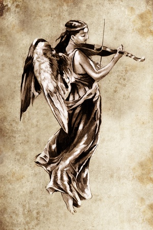 Sketch of tattoo art, music angel with violinの写真素材