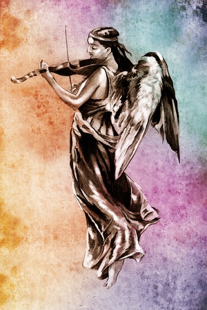 Sketch of tattoo art, angel with violin over colorful backgroundの写真素材