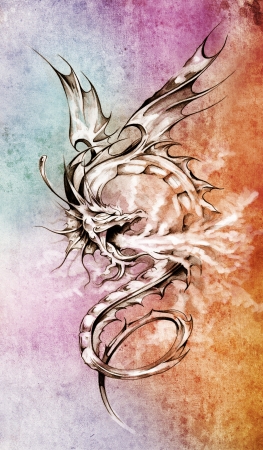 Sketch of tattoo art, stylish dragon illustration over colorful paperの写真素材