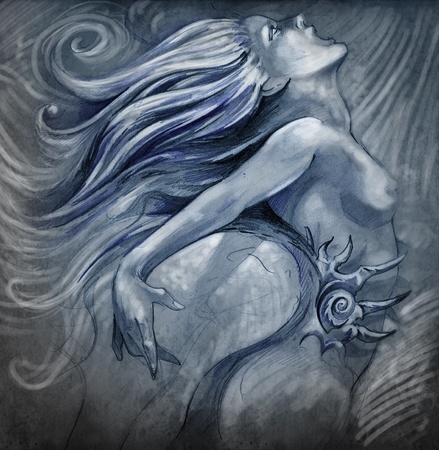Nude mermaid illustration in blue colors with shine effectsの写真素材