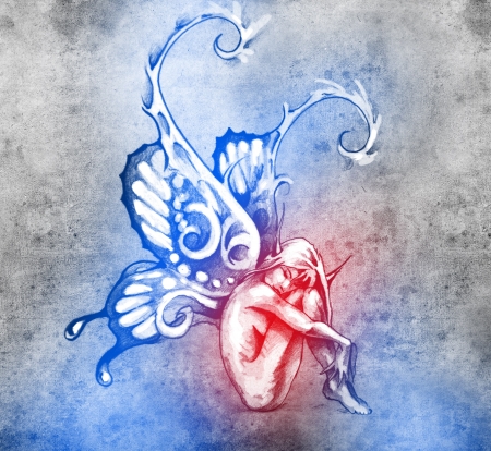 Sketch of tattoo art, fairy with butterfly wingsの写真素材
