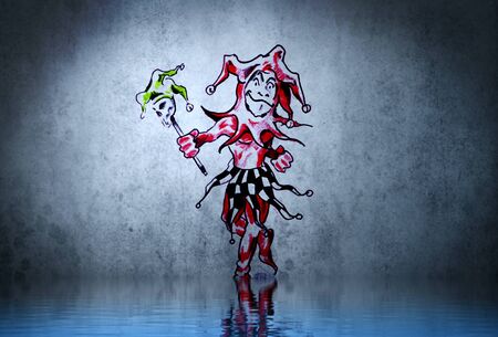 Fantasy funny clown tattoo with water reflection. Illustration design over rusty blue wallの写真素材