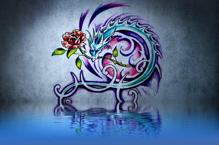 Tattoo on blue wall with water reflectionsの写真素材