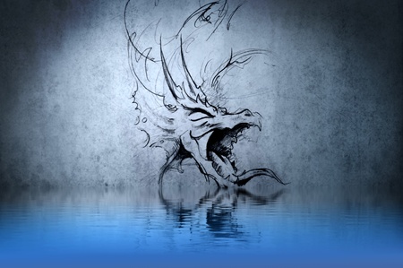 Medieval dragon tattoo on blue wall with water reflectionsの写真素材