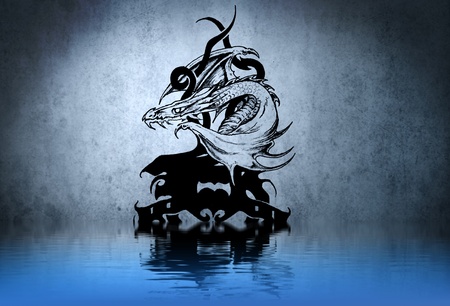 Tattoo drawing on blue wall with water reflectionsの写真素材
