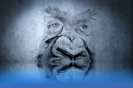 Gorilla tattoo on blue wall with water reflectionsの写真素材
