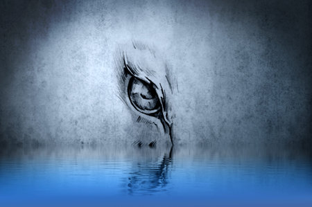 Tattoo animal eye on blue wall with water reflectionsの写真素材