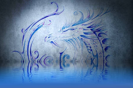 Medieval dragon tattoo on blue wall with water reflectionsの写真素材