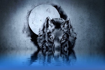 Tattoo of a wolf's head with water reflections