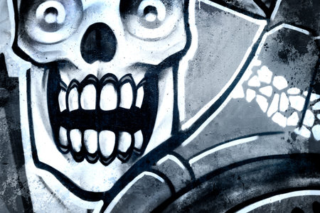 Skull over old dirty wall, urban hip hop background Gray texture painted with bright colorfulのeditorial素材