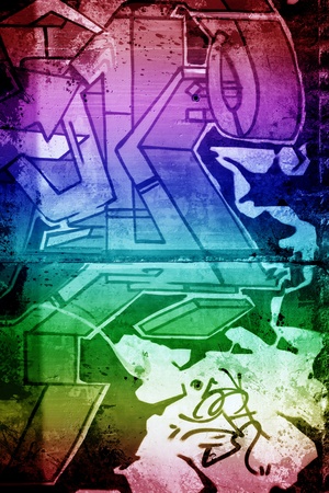 Graffiti over old dirty wall, urban hip hop background Gray texture painted with bright colorfulのeditorial素材