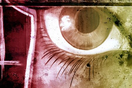 Eye over old dirty wall, urban hip hop background Gray texture painted with bright colorfulのeditorial素材
