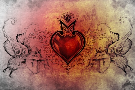 Tattoo art design, heart with two nymphsの写真素材