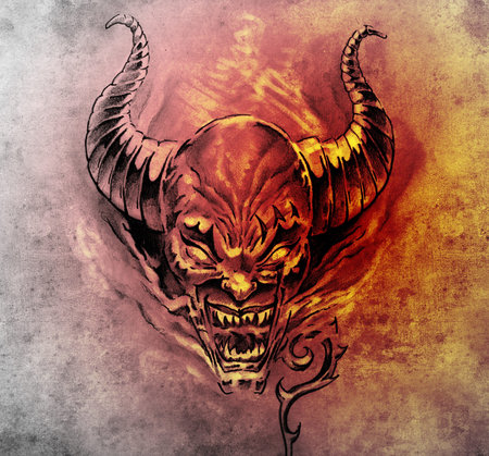 Tattoo art, sketch of a devil with big horns